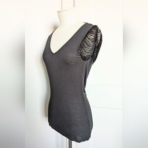 Jessica Simpson Black V-Neck Fringe Shoulder Draped Top Small